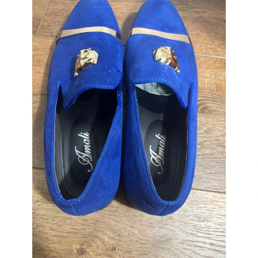 Amali Mens Royal Blue Suede‎ Loafer Shoes Gold Lion Head Buckle Dress Size 12